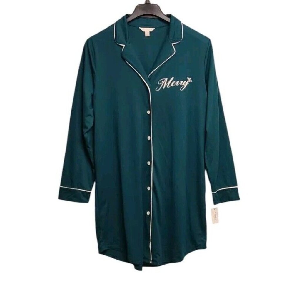 Charter Club Sleepshirt Womens Large Green Merry Christmas Nightgown Soft Knit
